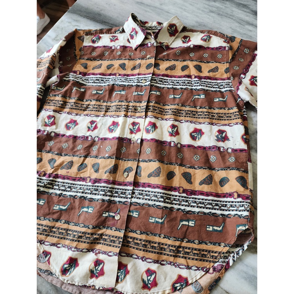 Mens Vintage 90s Equestrian Horse Chain Print‎ Button Down Shirt Worked In M